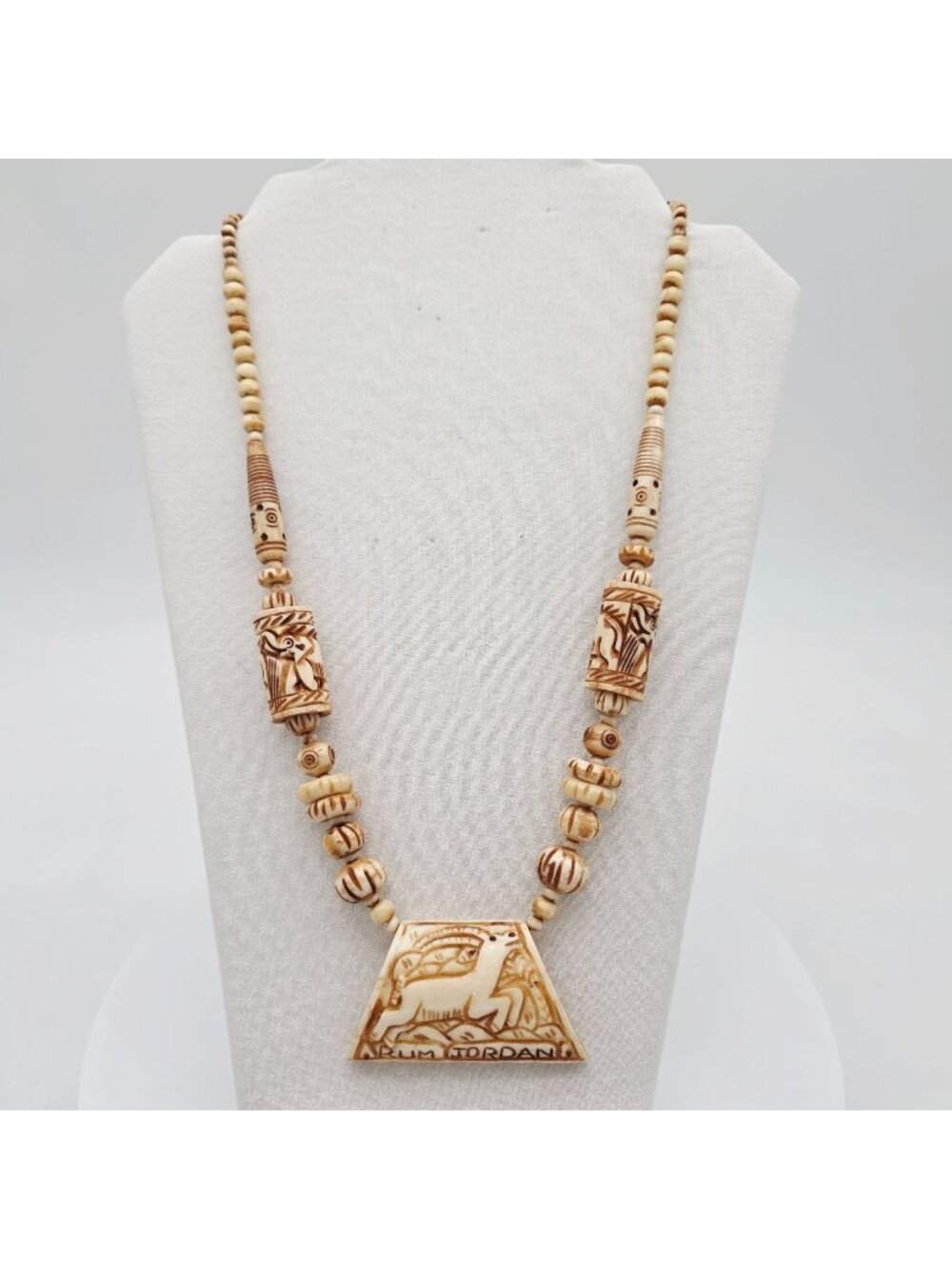 Hand-Carved Beaded Necklace With Animal & Tribal Designs Made In Jordan